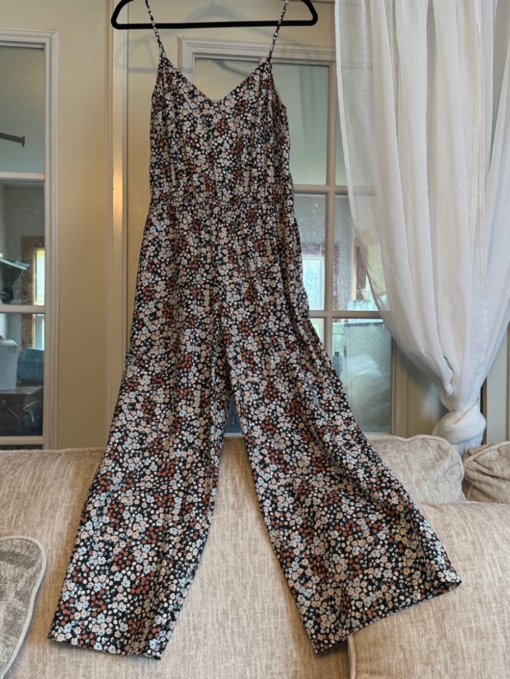 LOFT Black Floral Spaghetti-Strap Wide-Leg Jumpsuit